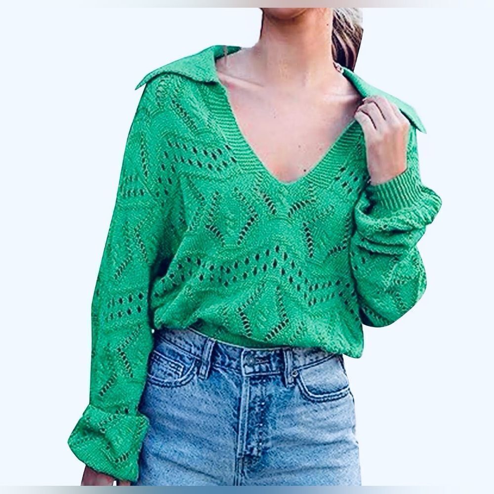POL Open Knit Long Sleeve Sweater V-Neck Collar Green S